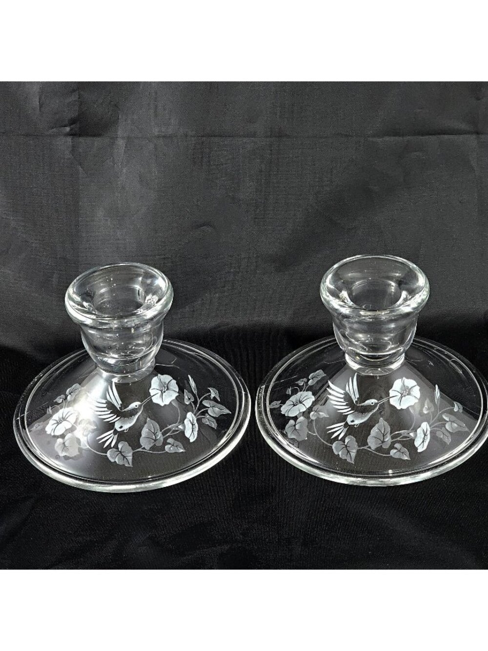 Avon 1980s Hummingbird Crystal Candle Holder Pair 2.5" vintage cottagecore